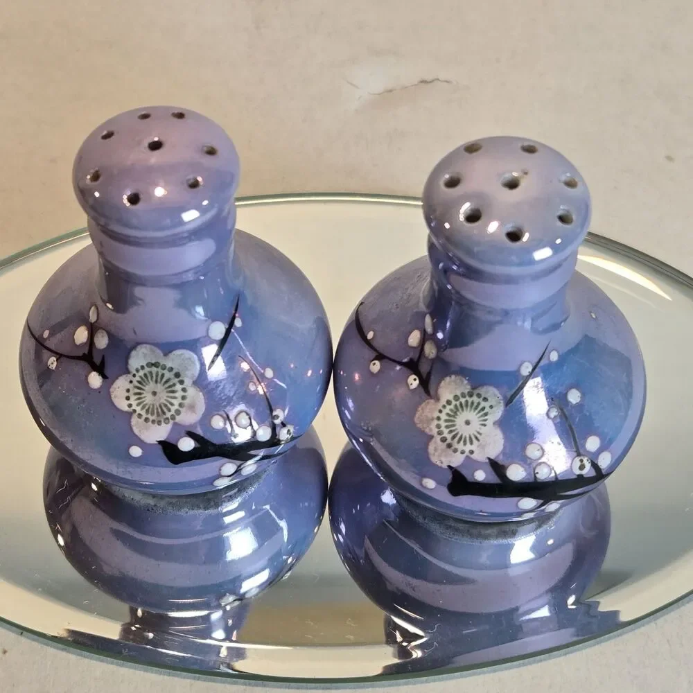 Vintage Japan Lusterware S&P Shakers - Iridescent Purple Cherry Blossom